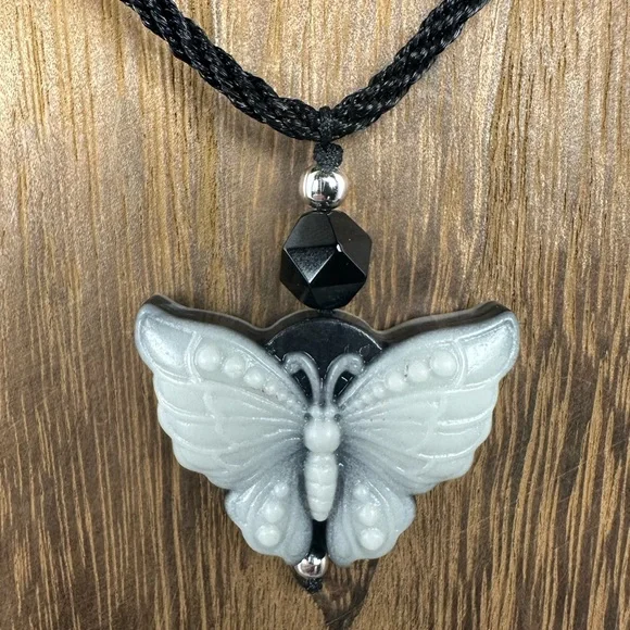 Tai Chi Stone Butterfly Pendant Necklace on Adjustable Black Rope - Picture 8 of 13